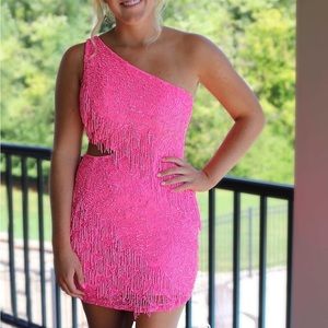 Primavera hot pink homecoming dress with one shoulder.